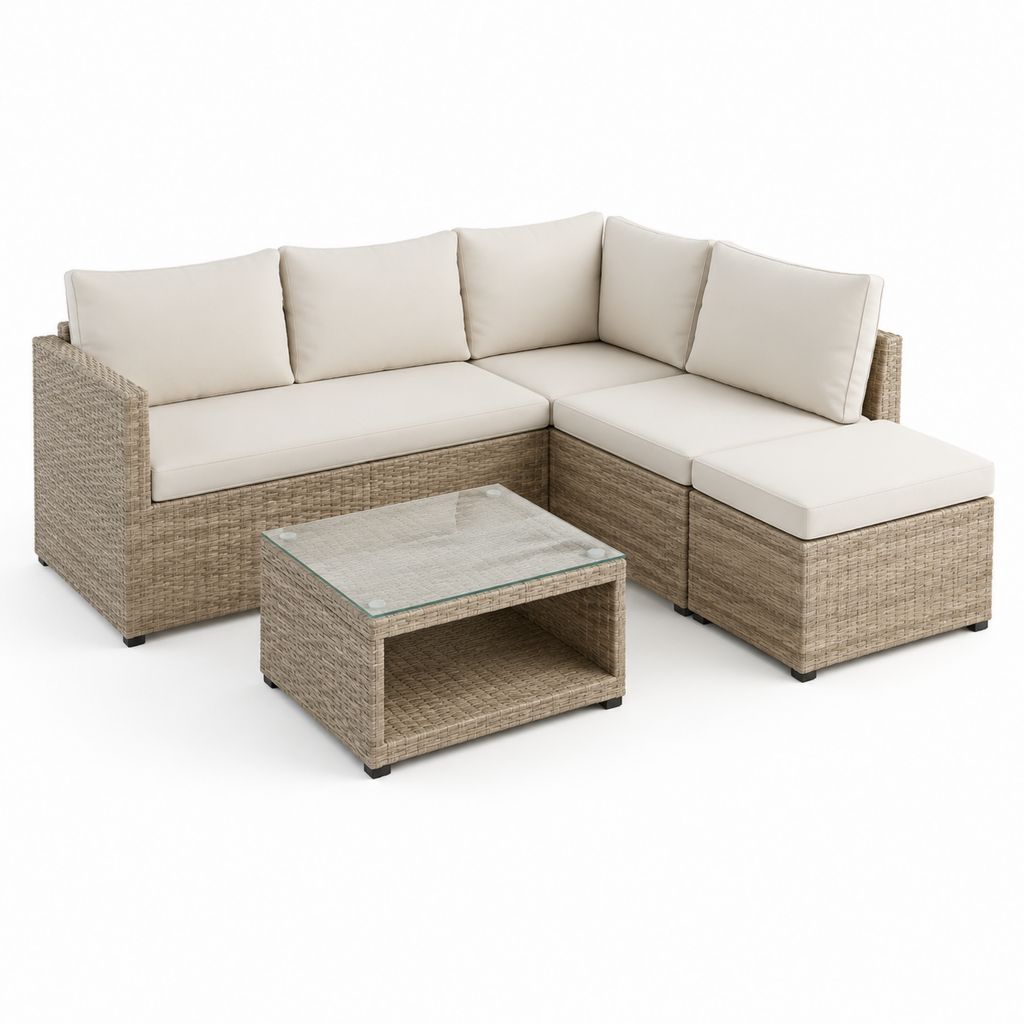 Set salotto da giardino angolare 3 pezzi beige in rattan PE e acciaio con tavolino 195 x 140 x 63 cm