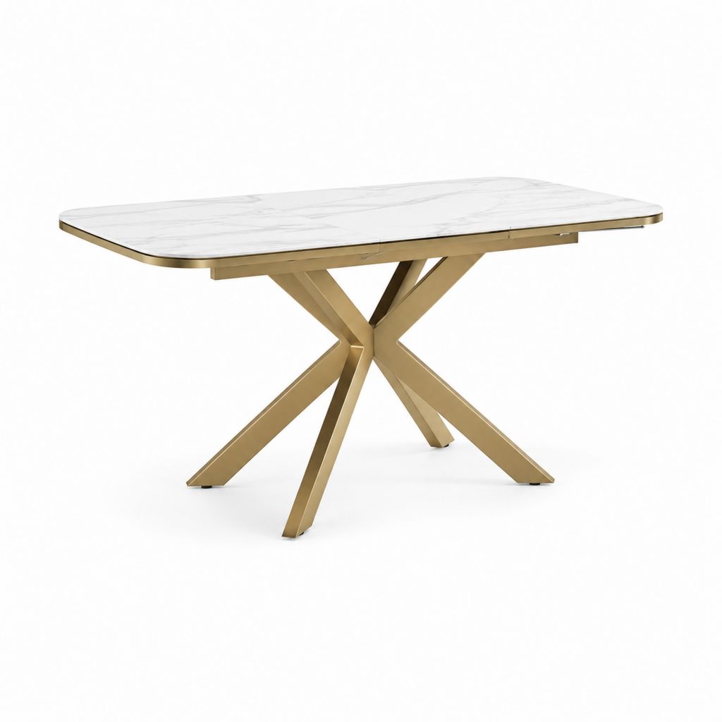 Tavolo da pranzo allungabile bianco e oro in ceramica e acciaio inox rettangolare 160-200 x 90 x 76 cm