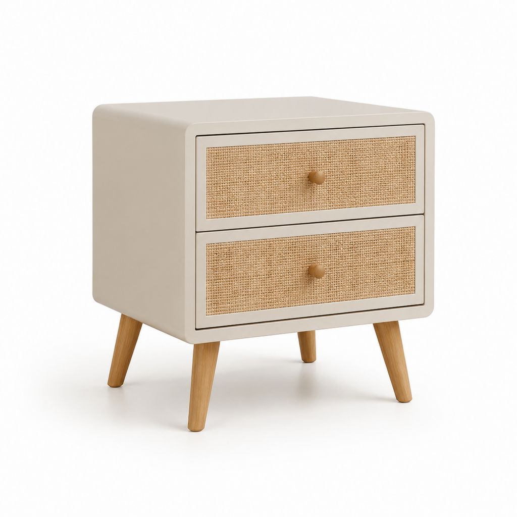 Comodino rettangolare a 2 cassetti crema in MDF e rattan 50 x 40 x 55 cm