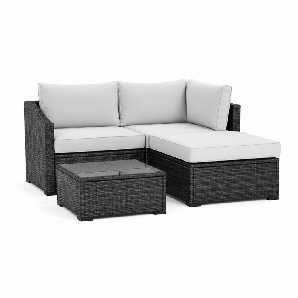 Set salotto da giardino 3 pezzi in rattan PE nero con cuscini grigio chiaro divano angolare 193 x 70 x 60 cm