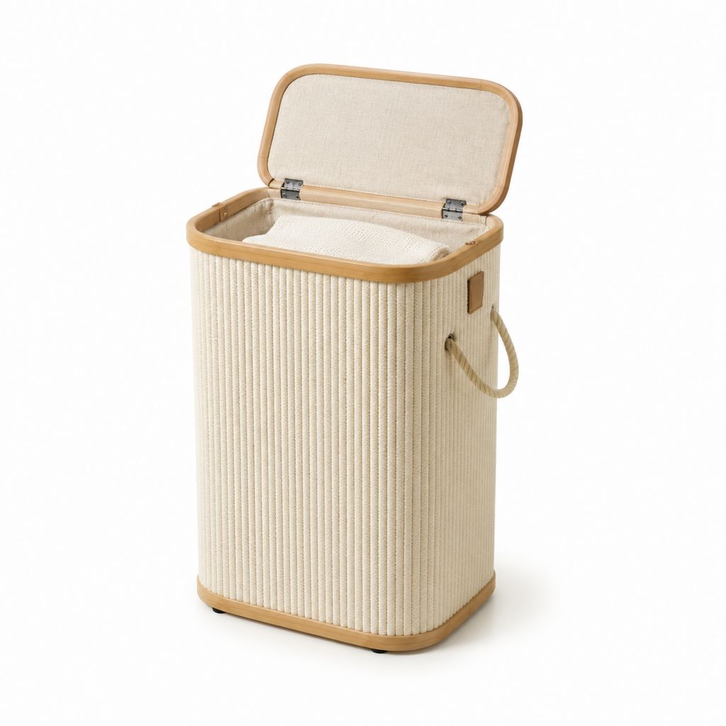 Cesto portabiancheria rettangolare beige in corda di cotone e bambù con coperchio 40 x 30 x 60 cm 72 L