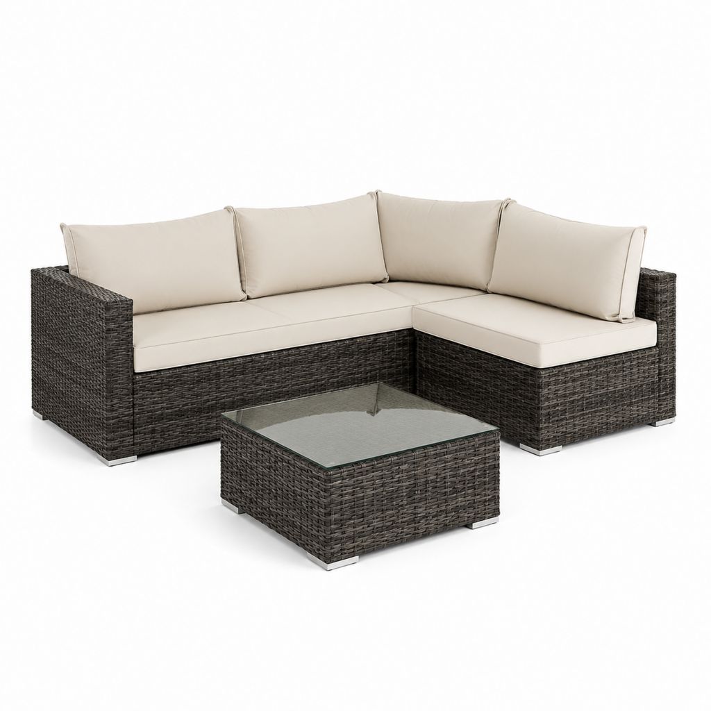 Set divano da giardino angolare 3 pezzi marrone in rattan PE con cuscini beige e tavolino 200 x 140 cm
