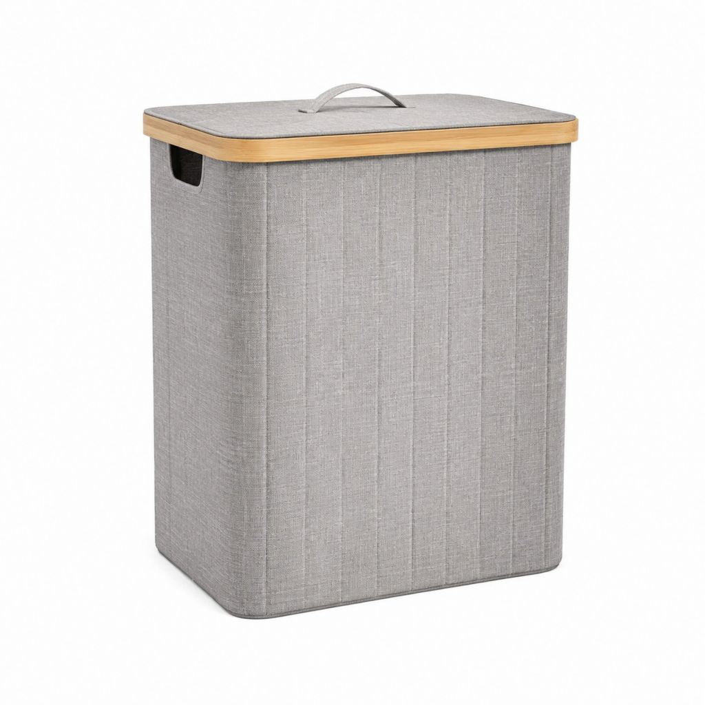 Cesto portabiancheria grigio rettangolare in poliestere e bambù con coperchio 40 x 30 x 60 cm