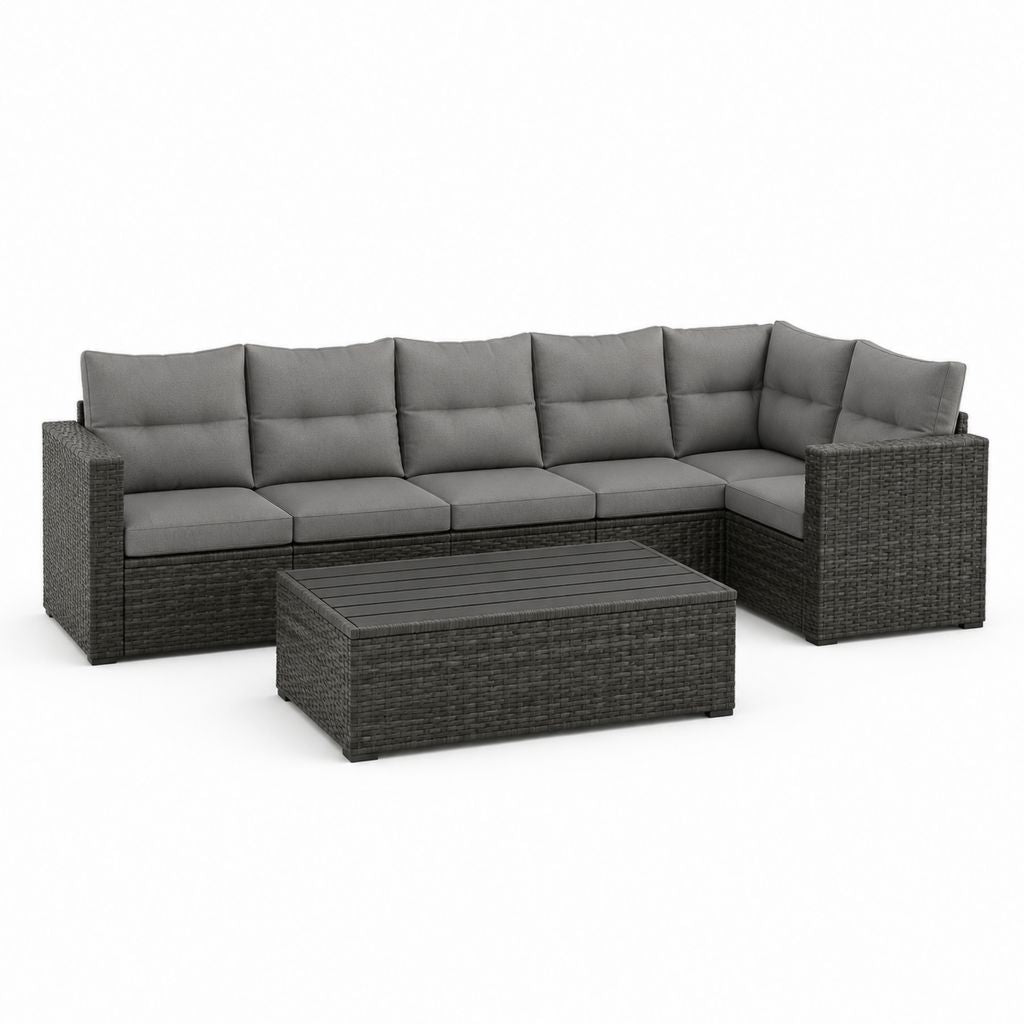 Set divano angolare da giardino 5 posti grigio antracite in rattan PE con tavolino rettangolare 275 x 205 x 65 cm e 110 x 60 x 35 cm