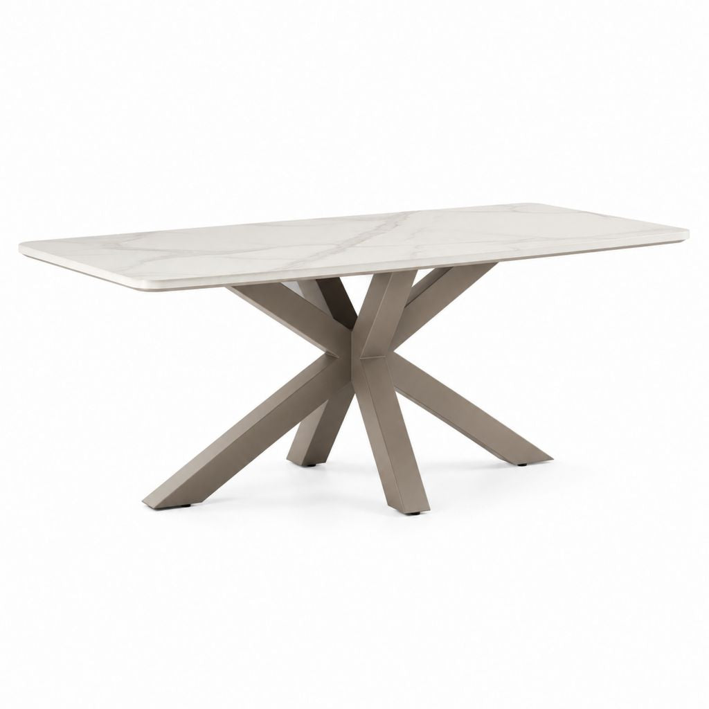 Tavolo da pranzo rettangolare bianco effetto marmo con piano in pietra sinterizzata e base in acciaio 180 x 90 x 76 cm