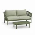 Set divano da giardino 2 posti con tavolino verde salvia in alluminio e corda PP divano 150 x 75 x 75 cm tavolino 100 x 60 x 38 cm