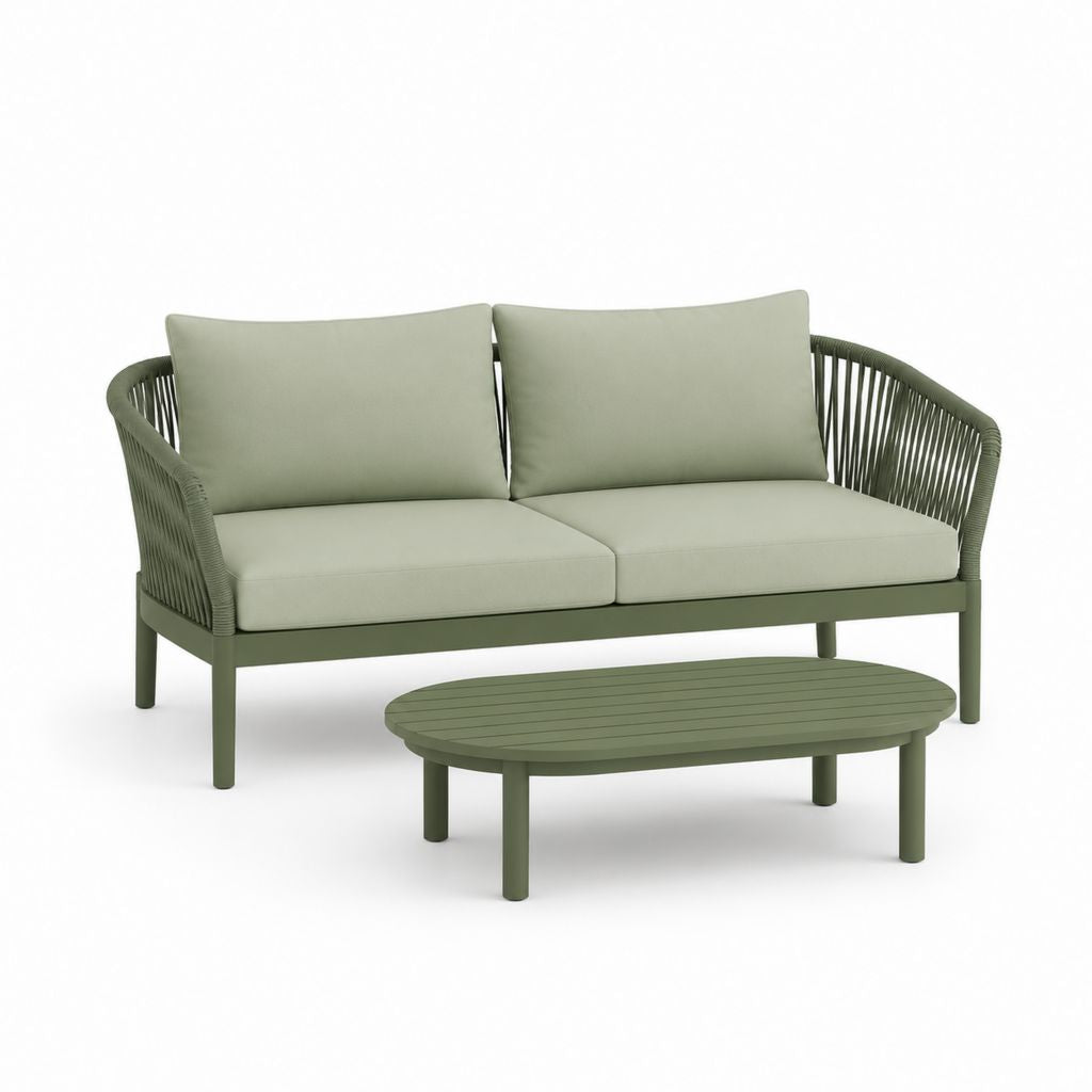 Set divano da giardino 2 posti con tavolino verde salvia in alluminio e corda PP divano 150 x 75 x 75 cm tavolino 100 x 60 x 38 cm