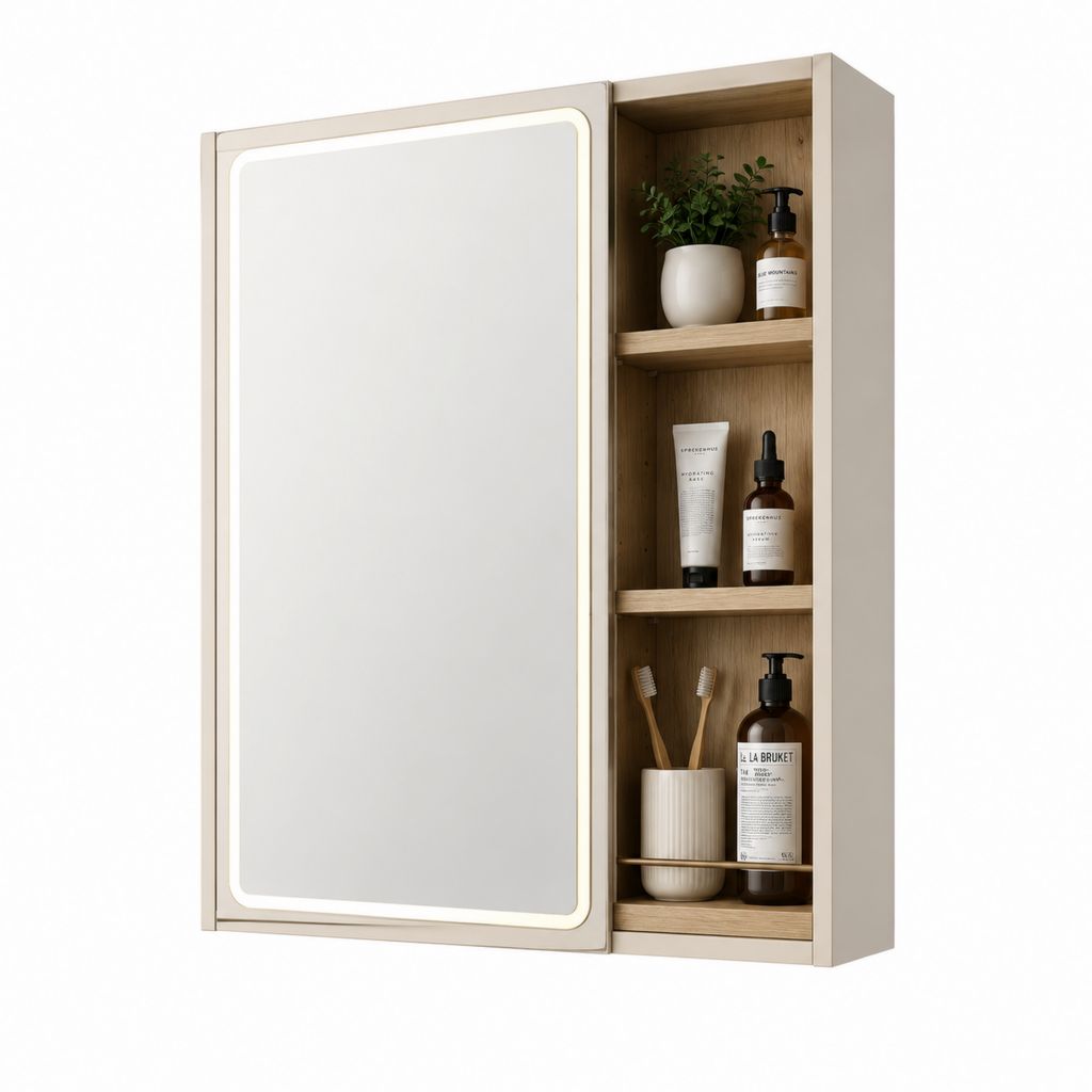 Armadietto bagno sospeso con specchio LED e ripiani laterali in MDF beige rovere naturale 60 x 80 x 15 cm