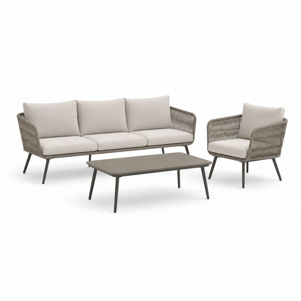 Salotto da giardino 3 pezzi con divano 3 posti poltrona e tavolino grigio tortora in alluminio e corda sintetica 210 x 80 x 75 cm