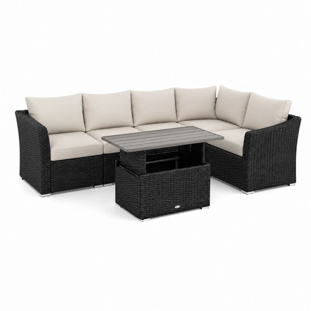 Set divano da giardino angolare 4 pezzi nero e beige in rattan PE con tavolo 210 x 210 x 65 cm