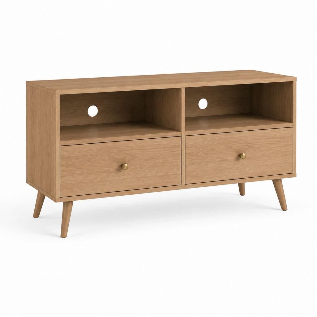 Mobile TV 120 x 40 x 70 cm rovere in MDF con 2 cassetti e vani aperti