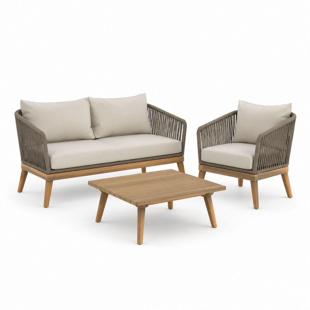 Set salotto da giardino 3 pezzi beige e tortora in legno massello di acacia e corda in polipropilene divano 120 x 70 x 75 cm poltrona 70 x 70 x 75 cm tavolino 100 x 60 x 40 cm