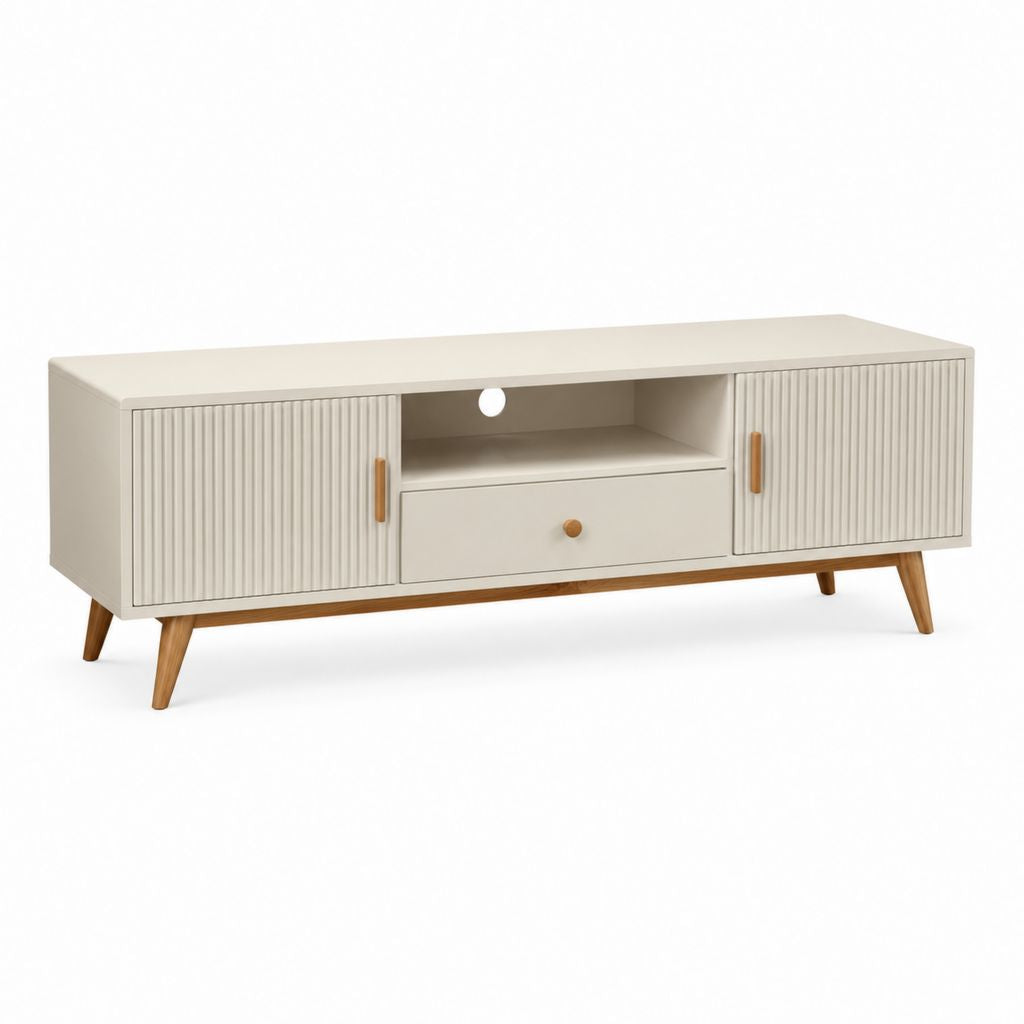 Mobile TV rettangolare avorio in MDF laminato con gambe in legno massello 160 x 40 x 55 cm