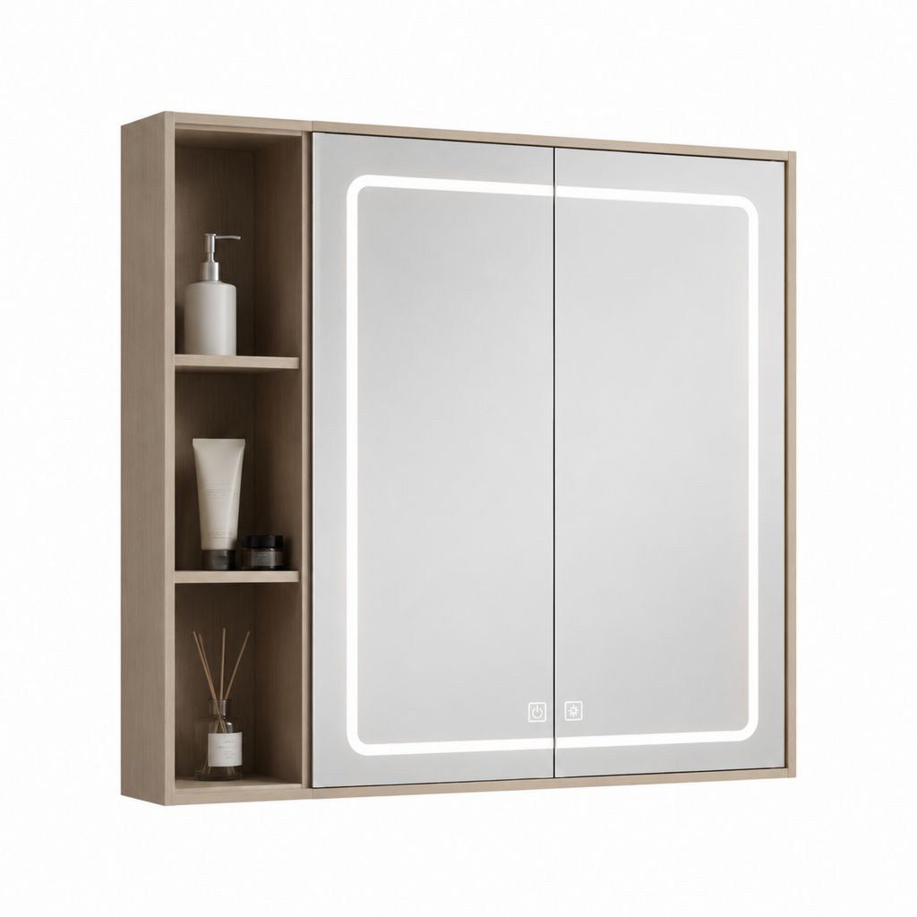Armadio a specchio da bagno LED rovere chiaro in MDF 80 x 70 x 15 cm