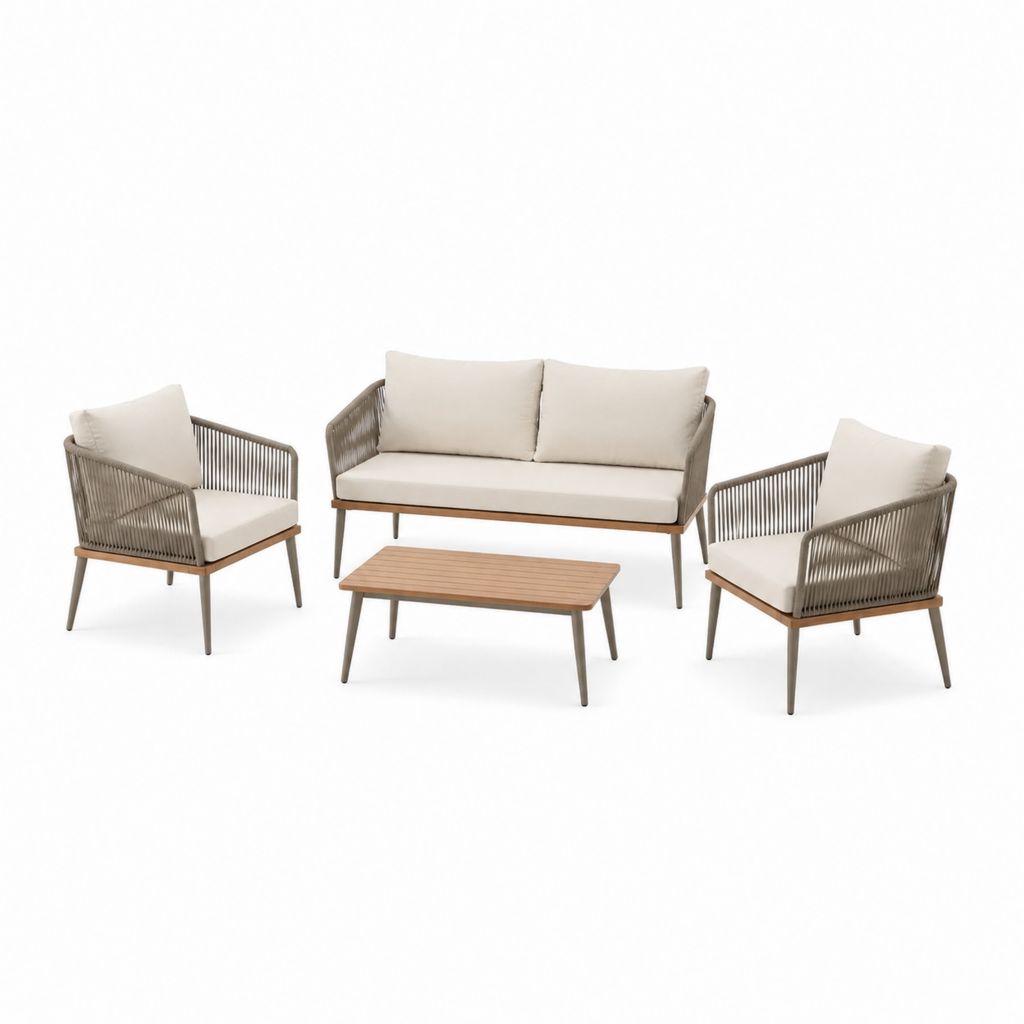 Set salotto da giardino 4 pezzi beige e tortora in alluminio e corda PE con tavolino 100 x 55 x 42 cm