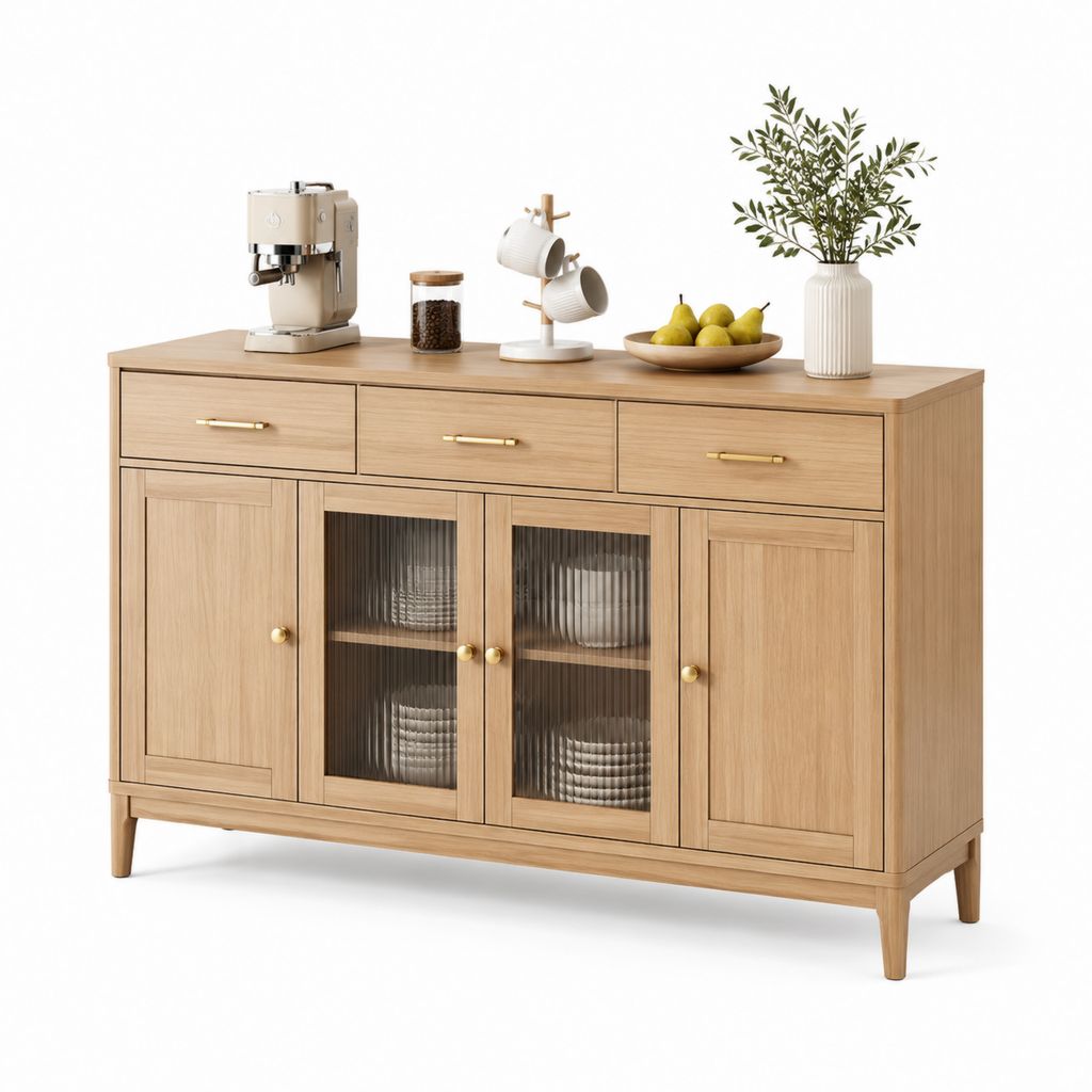 Credenza da cucina rettangolare rovere naturale con 4 ante 3 cassetti e vetro scanalato 160 x 40 x 90 cm